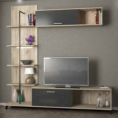 Σύνθεση τηλεόρασης Ethel Megapap από μελαμίνη χρώμα γκρι oak - ανθρακί 190x40x190εκ.